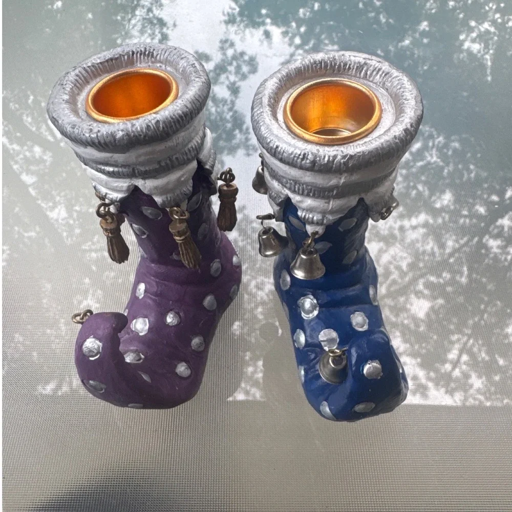 Vintage 2002 Oxford Elite Boot Candle Holders Set 2 Purple Blue Western Bells